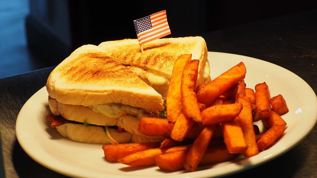 Delicious American sandwich served with a generous portion of crispy fries on a white plate.